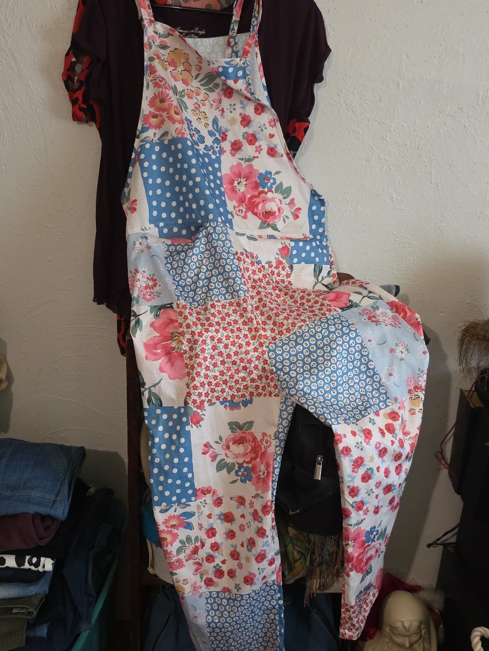 Floral Patchwork Overalls - White & Blue